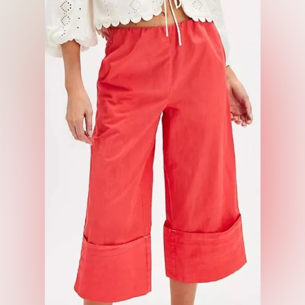 Free People Wide-Leg Cropped Pants in Coral